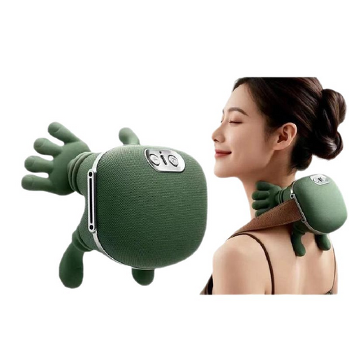 The PalmKnead silicone hand massager and a woman wearing it on her shoulder
