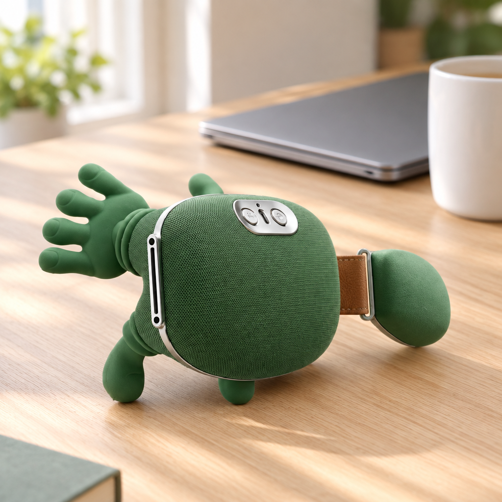 The PalmKnead hand massager on a desk beside a laptop and a mug